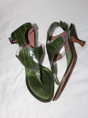 Alaia Alaïa Kitten Heel Green Croc Embossed Leather Thong Sandals Ankle Strap 39